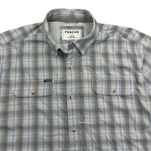 Poncho Shirt Mens L Gray Long Sleeve Button Up Plaid Nylon Stretch Quick Dry